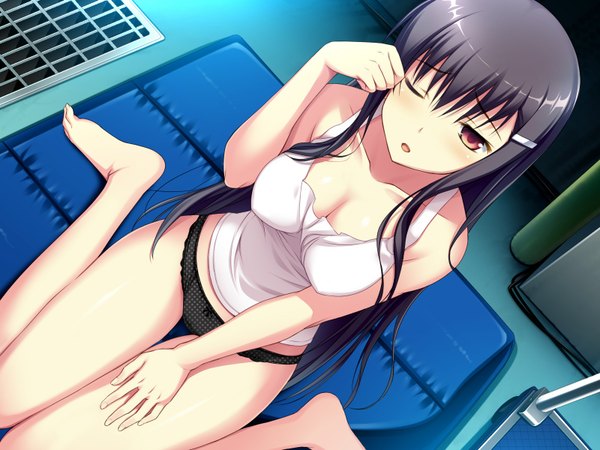 Anime picture 1600x1200 with worlds and world's end yazama fumika amakura single long hair light erotic black hair red eyes game cg girl underwear panties