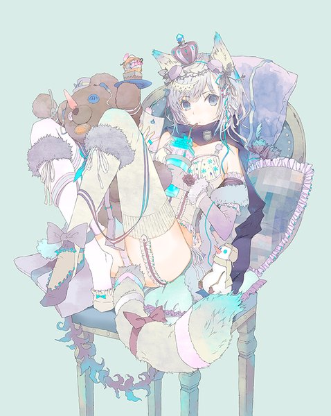 Anime picture 638x800 with original fuyuno haruaki single long hair tall image looking at viewer blue eyes light erotic sitting animal ears bent knee (knees) white hair tail animal tail tail ribbon asymmetrical clothes girl thighhighs gloves hair ornament