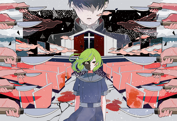 Anime picture 1000x687 with seto (magatan) magatan looking at viewer fringe short hair black hair standing brown eyes parted lips green hair hair over eyes blood stains crack girl dress boy blood cross knife blue dress