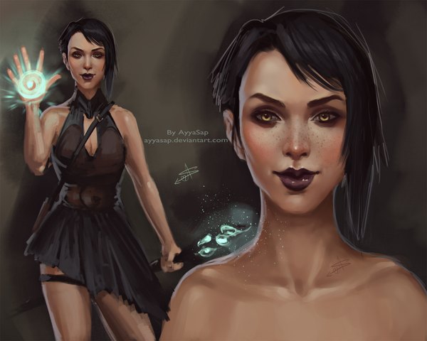 Anime picture 2000x1600 with dragon age (game) morrigan (dragon age) ayyasap single looking at viewer highres short hair black hair bare shoulders yellow eyes realistic magic freckles girl staff