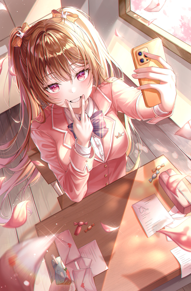 Anime picture 3688x5600 with original lisa 78 single long hair tall image looking at viewer blush fringe highres smile hair between eyes brown hair holding absurdres indoors long sleeves pink eyes from above sparkle two side up
