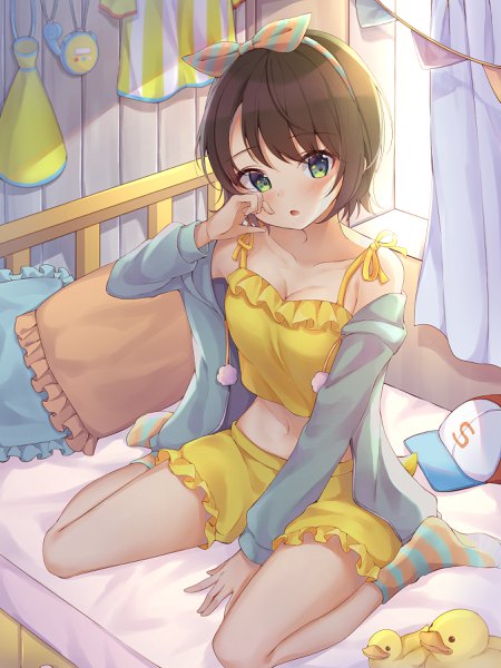 Anime picture 1800x2400 with virtual youtuber hololive oozora subaru poe (528yuzunon) single tall image looking at viewer blush fringe highres short hair open mouth brown hair sitting bare shoulders green eyes cleavage full body bent knee (knees) indoors