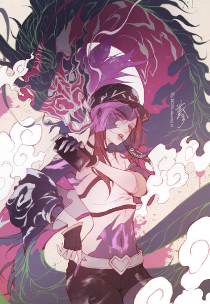 Anime picture 879x1270 with league of legends k/da (league of legends) akali (league of legends) k/da akali bebseo single long hair tall image looking at viewer fringe hair between eyes signed yellow eyes payot purple hair ponytail nail polish midriff lipstick smoke