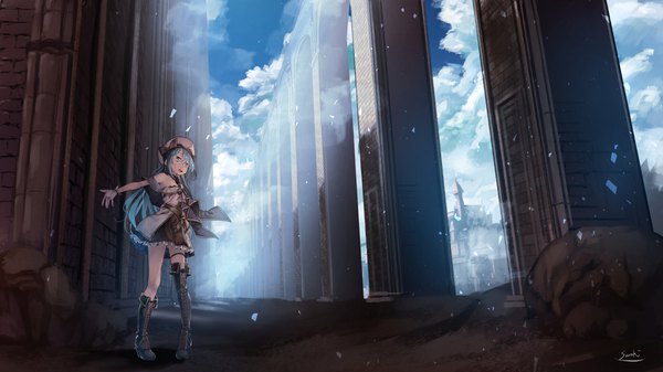 Anime picture 1920x1080 with original lee-chan (saraki) saraki single long hair fringe highres open mouth blue eyes hair between eyes wide image standing bare shoulders signed blue hair looking away sky cloud (clouds) full body bent knee (knees)