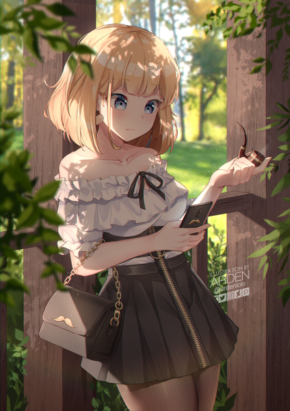 Anime picture 842x1191 with virtual youtuber hololive hololive english watson amelia ardenlolo single tall image blush fringe short hair breasts blue eyes blonde hair standing bare shoulders holding signed outdoors blunt bangs sunlight
