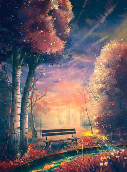 Anime picture 1500x2025 with original sylar113 tall image cloud (clouds) outdoors sunlight night no bra night sky river plant (plants) animal tree (trees) building (buildings) grass fish (fishes) bench goldfish