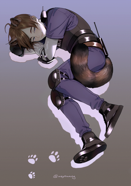 Anime picture 1261x1791 with resident evil leon s. kennedy e7 (runaway162) single tall image looking at viewer fringe short hair simple background smile brown hair signed animal ears full body ahoge bent knee (knees) tail lying animal tail grey background