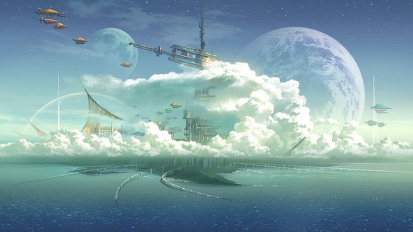 Anime picture 1377x778 with original mocha (cotton) wide image sky cloud (clouds) no people landscape scenic water building (buildings) star (stars) planet rainbow