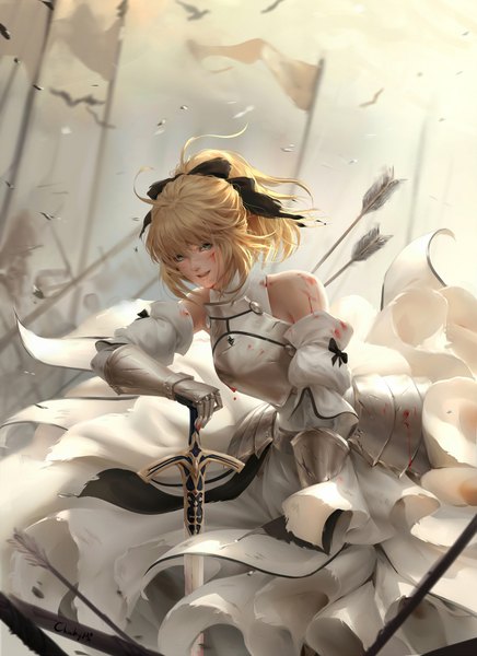 Anime picture 1600x2200 with fate (series) fate/unlimited codes artoria pendragon (all) saber lily chubymi single long hair tall image looking at viewer fringe breasts open mouth blonde hair smile hair between eyes standing bare shoulders signed payot ahoge