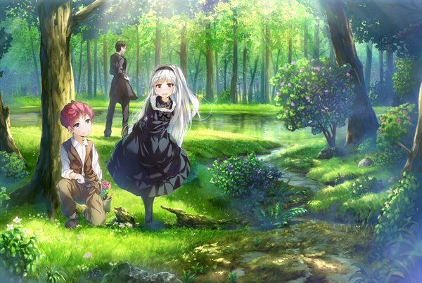 Anime picture 1045x703 with original wingheart long hair blush short hair open mouth black hair smile white hair red hair multiple boys landscape nature girl dress boy flower (flowers) plant (plants) tree (trees) hairband