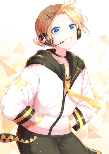 Anime picture 1000x1414 with vocaloid kagamine len shiohari kanna single tall image short hair blue eyes blonde hair smile ponytail grin looking up hands in pockets boy hair ornament choker headphones bobby pin x hair ornament headset