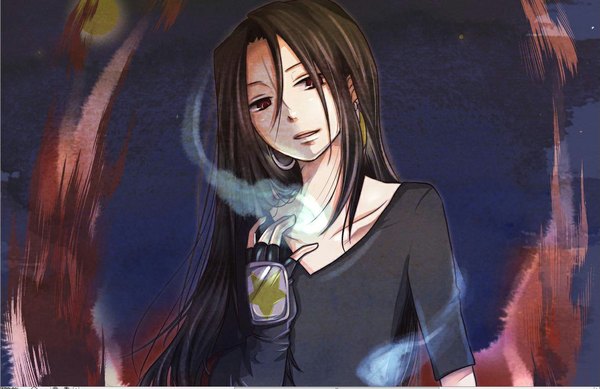 Anime picture 1191x773 with shaman king xebec asakura hao isshiki paru single long hair open mouth brown hair brown eyes looking away lips hollow boy gloves earrings black gloves fingerless gloves