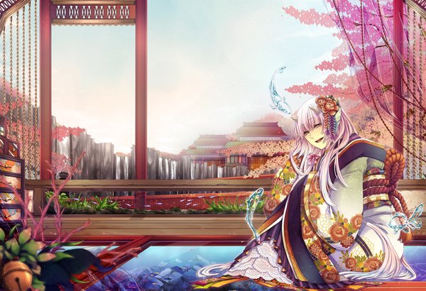 Anime picture 1500x1027 with original domco single long hair looking at viewer open mouth brown eyes pink hair traditional clothes japanese clothes horn (horns) girl flower (flowers) kimono bell fish (fishes)