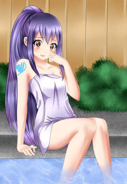 Anime picture 3085x4461 with fairy tail wendy marvell mmdlucyextend single long hair tall image blush highres open mouth smile bare shoulders brown eyes absurdres purple hair ponytail tattoo legs coloring naked towel girl