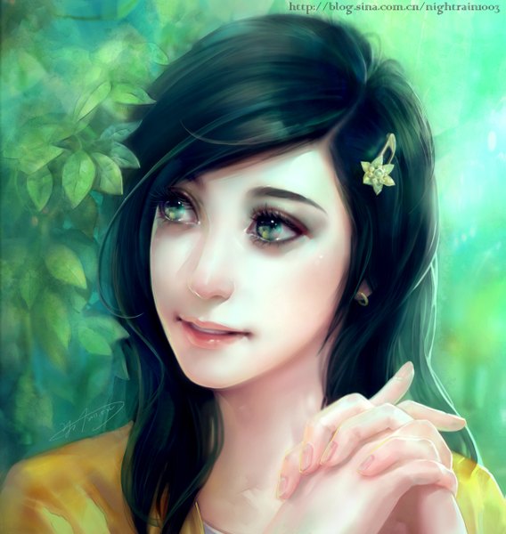 Anime picture 1207x1274 with yu-han single long hair tall image black hair green eyes signed looking away lips girl hair ornament earrings hairclip leaf (leaves)