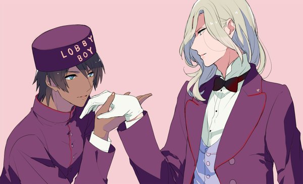 Anime picture 1600x976 with uta no prince-sama a-1 pictures camus aijima cecil konnyaku yukko long hair short hair simple background blonde hair brown hair wide image green eyes multiple boys couple dark skin holding hands pink background boy gloves uniform