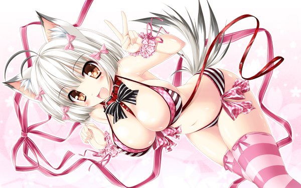 Anime picture 1920x1200 with original kamiya tomoe single looking at viewer blush fringe highres short hair breasts open mouth light erotic simple background large breasts white background brown eyes animal ears silver hair tail cat ears leaning