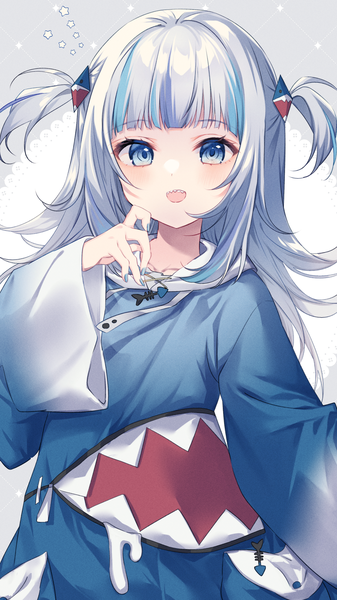 Anime picture 1512x2688 with virtual youtuber hololive hololive english gawr gura gawr gura (1st costume) miyakoto single long hair tall image looking at viewer fringe open mouth blue eyes silver hair upper body blunt bangs nail polish :d multicolored hair two side up