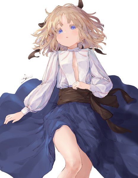 Anime picture 922x1190 with original io (io oekaki) single tall image looking at viewer short hair blue eyes simple background blonde hair white background signed lying on back center opening girl skirt ribbon (ribbons) hair ribbon blue skirt blouse