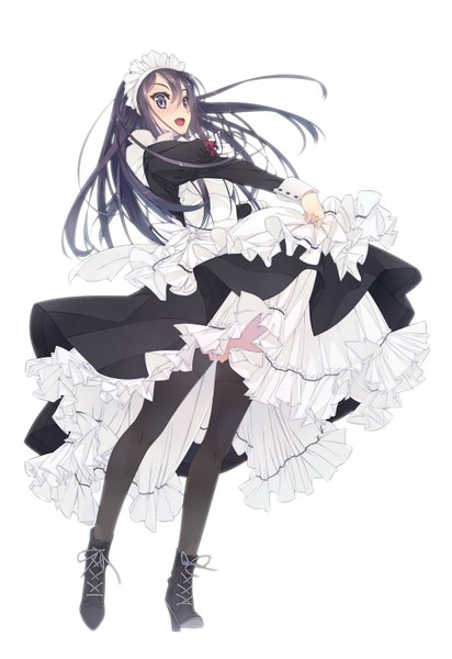 Anime picture 1100x1600 with original murakami suigun single long hair tall image blush open mouth blue eyes black hair simple background white background maid girl thighhighs black thighhighs headdress maid headdress