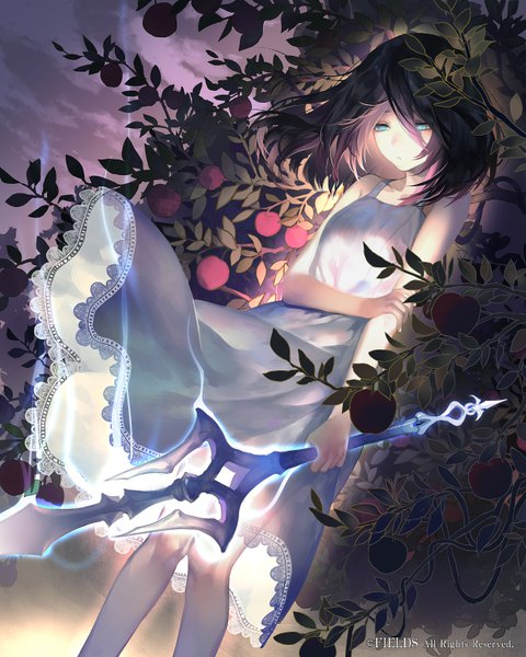 Anime picture 660x825 with guardians violation original yamakawa single tall image looking at viewer fringe short hair black hair hair between eyes bare shoulders aqua eyes wind official art holding arm dark hair girl dress weapon plant (plants)