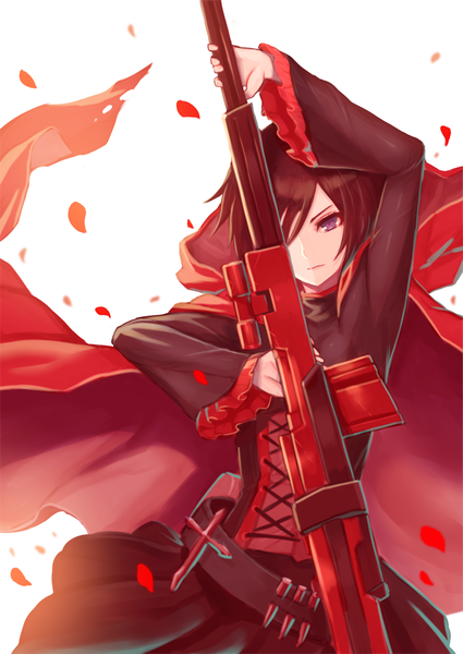 Anime picture 637x900 with rwby rooster teeth ruby rose 2d (artist) single tall image looking at viewer fringe short hair simple background brown hair white background purple eyes holding arm up wide sleeves floating hair torn clothes lacing serious