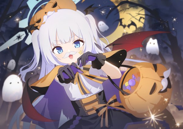 Anime picture 1500x1062 with blue archive cherino (blue archive) kaerunrun single long hair looking at viewer fringe open mouth blue eyes silver hair sparkle loli two side up dutch angle halloween outstretched hand ghost crescent girl gloves