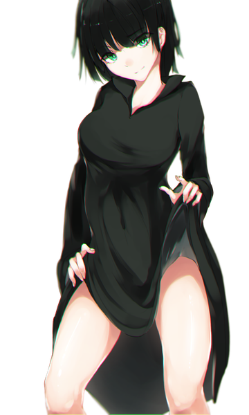 Anime picture 900x1500 with one-punch man madhouse fubuki (one-punch man) hplay (kyoshinou) single tall image looking at viewer fringe short hair breasts light erotic black hair simple background large breasts green eyes skirt lift girl dress black dress