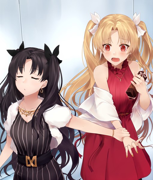 Anime picture 1276x1500 with fate (series) fate/grand order ishtar (fate) ereshkigal (fate) kito koruta long hair tall image blush fringe open mouth black hair blonde hair red eyes standing bare shoulders multiple girls holding looking away indoors eyes closed