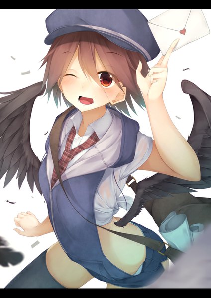 Anime picture 1157x1637 with original waterdog single tall image looking at viewer blush fringe short hair open mouth light erotic simple background hair between eyes red eyes brown hair white background one eye closed wink letterboxed low wings girl