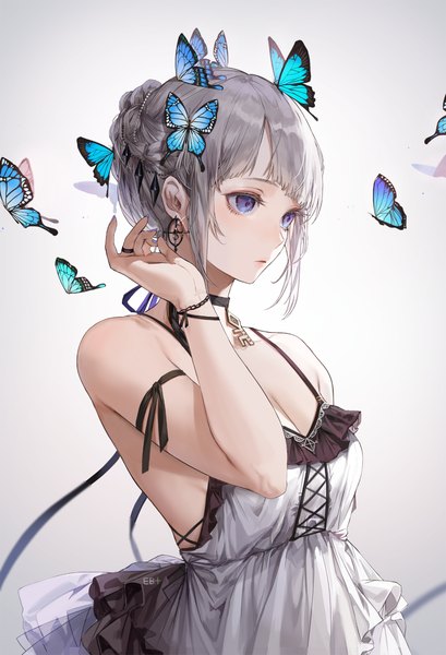 Anime picture 800x1173 with original kim eb single tall image blush fringe short hair breasts simple background standing purple eyes bare shoulders signed payot looking away cleavage braid (braids) nail polish arm up fingernails