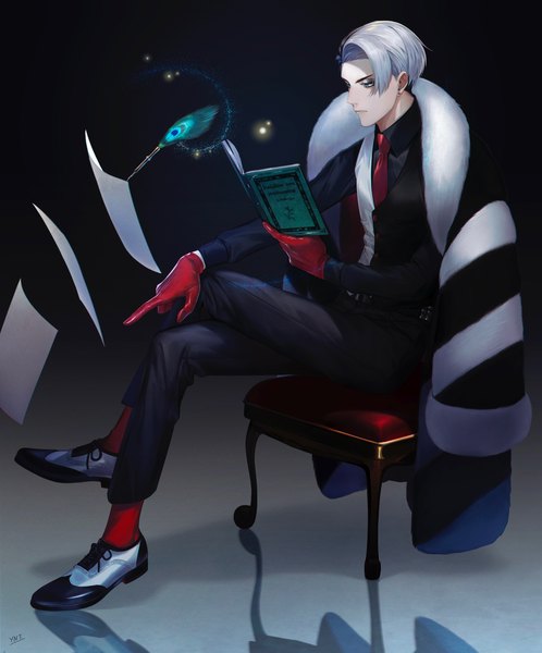 Anime picture 2587x3114 with twisted wonderland divus crewel yun tai single tall image highres short hair blue eyes sitting looking away silver hair full body crossed legs eyeshadow clothes on shoulders boy gloves socks book (books) feather (feathers)