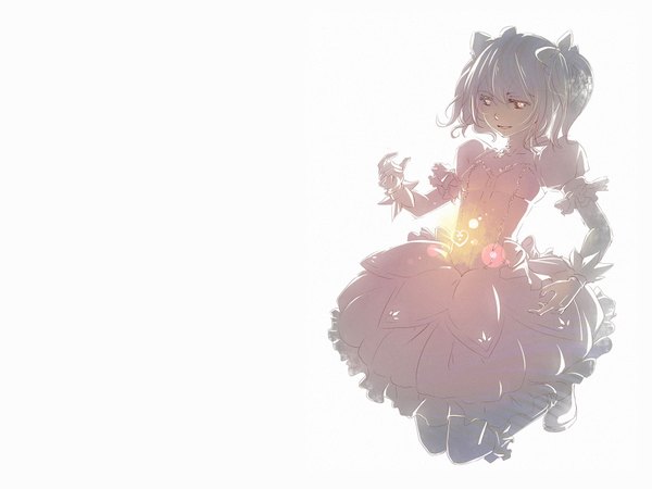 Anime picture 1733x1300 with mahou shoujo madoka magica shaft (studio) kaname madoka kaminary single highres short hair simple background smile white background twintails grey background magic monochrome short twintails light silhouette girl dress gloves