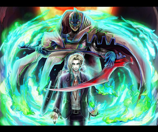 Anime picture 1100x918 with tiger & bunny sunrise (studio) yuri petrov lunatic (tiger & bunny) long hair blonde hair aqua eyes open clothes open shirt red moon gloves cloak mask full moon suit fire scythe