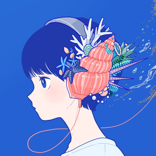 Anime picture 1000x1000 with original yoshimon single short hair blue eyes simple background blue hair looking away upper body profile blue background girl headphones starfish seashell