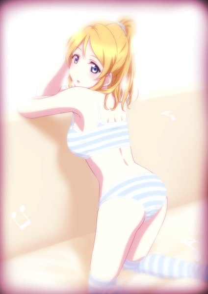 Anime picture 764x1080 with love live! school idol project sunrise (studio) love live! ayase eli oku no shi single long hair tall image looking at viewer blue eyes light erotic blonde hair ponytail underwear only girl thighhighs underwear panties lingerie bra