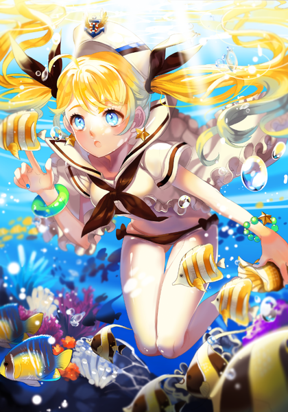 Anime picture 646x922 with original platina77 long hair tall image fringe open mouth blue eyes light erotic blonde hair twintails bent knee (knees) nail polish sunlight bare legs underwater sunbeam girl underwear panties hat