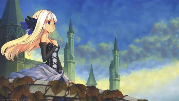 Anime picture 1920x1080 with odin sphere vanillaware gwendolyn kamitani george single long hair fringe highres blue eyes blonde hair wide image looking away sky cloud (clouds) official art wallpaper girl dress hair ornament detached sleeves