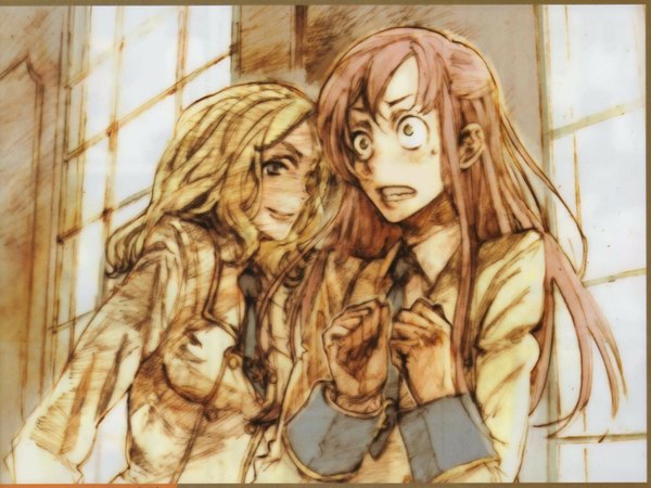 Anime picture 1600x1200 with code geass sunrise (studio) shirley fenette milly ashford humi (artist) highres blonde hair pink hair wallpaper uniform school uniform