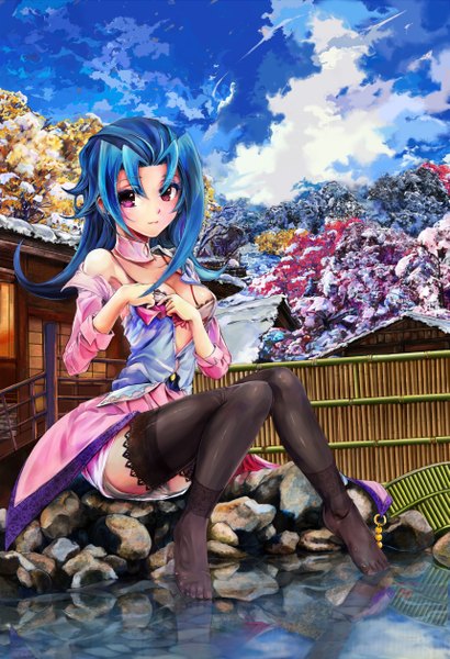 Anime picture 3437x5031 with yu-gi-oh! poyan noken single long hair tall image blush highres light erotic blue hair pink hair absurdres open clothes open shirt girl plant (plants) shirt pantyhose tree (trees) water