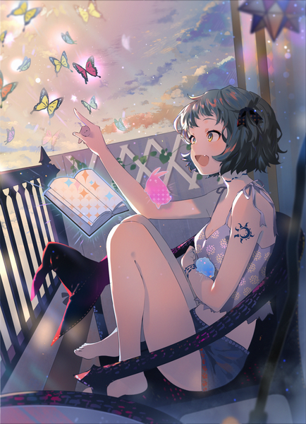 Anime picture 2246x3100 with original arutera single tall image blush highres short hair breasts open mouth black hair sitting yellow eyes looking away sky cleavage cloud (clouds) full body outdoors :d barefoot