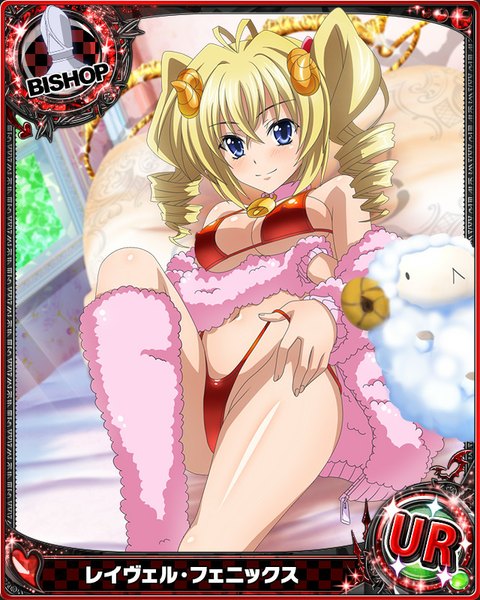 Anime picture 640x800 with highschool dxd ravel phenex single long hair tall image looking at viewer blush breasts blue eyes light erotic blonde hair smile twintails horn (horns) drill hair card (medium) girl swimsuit bikini