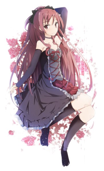 Anime picture 788x1300 with mahou shoujo madoka magica shaft (studio) sakura kyouko shirotaso0818 single long hair tall image looking at viewer red eyes ponytail red hair light smile girl dress flower (flowers) bow hair bow detached sleeves socks rose (roses)