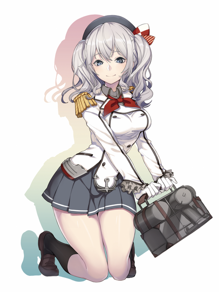 Anime picture 1200x1599 with kantai collection kashima training cruiser yuu (higashi no penguin) single long hair tall image looking at viewer blue eyes silver hair shadow girl skirt miniskirt socks black socks beret epaulettes