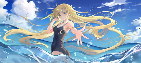 Anime picture 5000x2229 with summertime render kofune ushio wistariaiai single looking at viewer highres blue eyes light erotic blonde hair wide image absurdres sky cloud (clouds) ass very long hair partially submerged outstretched hand girl swimsuit sea