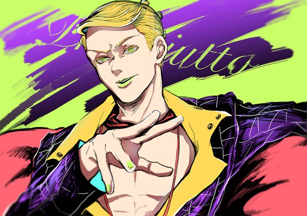 Anime picture 881x620 with jojo no kimyou na bouken prosciutto mizudama single looking at viewer short hair blonde hair sitting green eyes upper body nail polish character names lipstick outstretched hand green lipstick boy