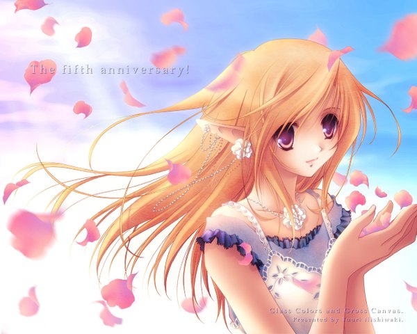 Anime picture 1280x1024 with original nishiwaki yuuri single long hair blonde hair pink eyes light smile wind pointy ears inscription blue background girl earrings petals pendant necklace