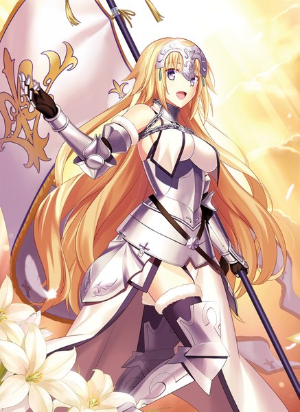 Anime picture 1583x2173 with fate (series) fate/apocrypha jeanne d'arc (fate) (all) jeanne d'arc (fate) fuyuki (neigedhiver) single long hair tall image open mouth blonde hair smile purple eyes sky cloud (clouds) bent knee (knees) sunlight girl gloves flower (flowers) black gloves