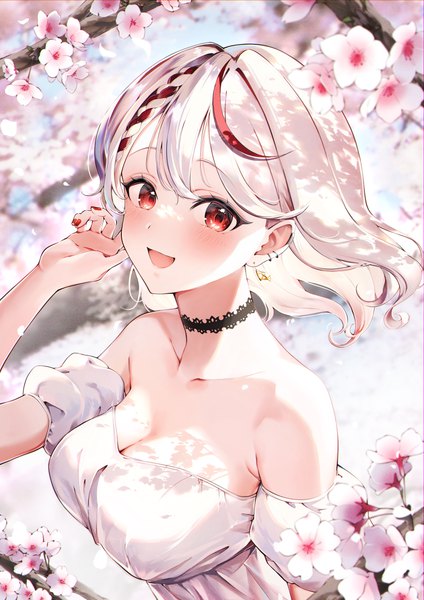 Anime picture 2894x4093 with virtual youtuber hololive sakamata chloe miyato miya single tall image looking at viewer blush fringe highres short hair breasts open mouth light erotic smile red eyes large breasts bare shoulders silver hair upper body