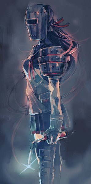 Anime picture 550x1110 with kantai collection akashi repair ship match (artist) single long hair tall image simple background brown hair standing holding pleated skirt grey background girl thighhighs skirt gloves ribbon (ribbons) black thighhighs hair ribbon armor